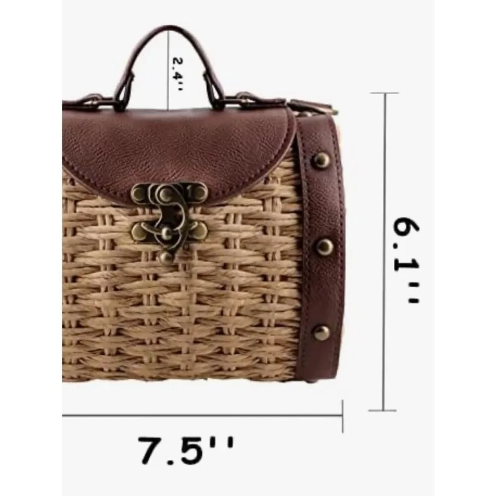 Womens Straw Handbag Shoulder Bag for Beach Travel and Everyday Use Dark Brown